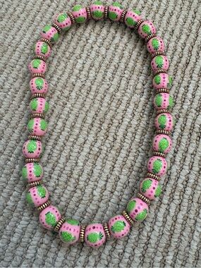 Angela Moore Pink & Green Beaded Pineapple Stretch Necklace 14"
